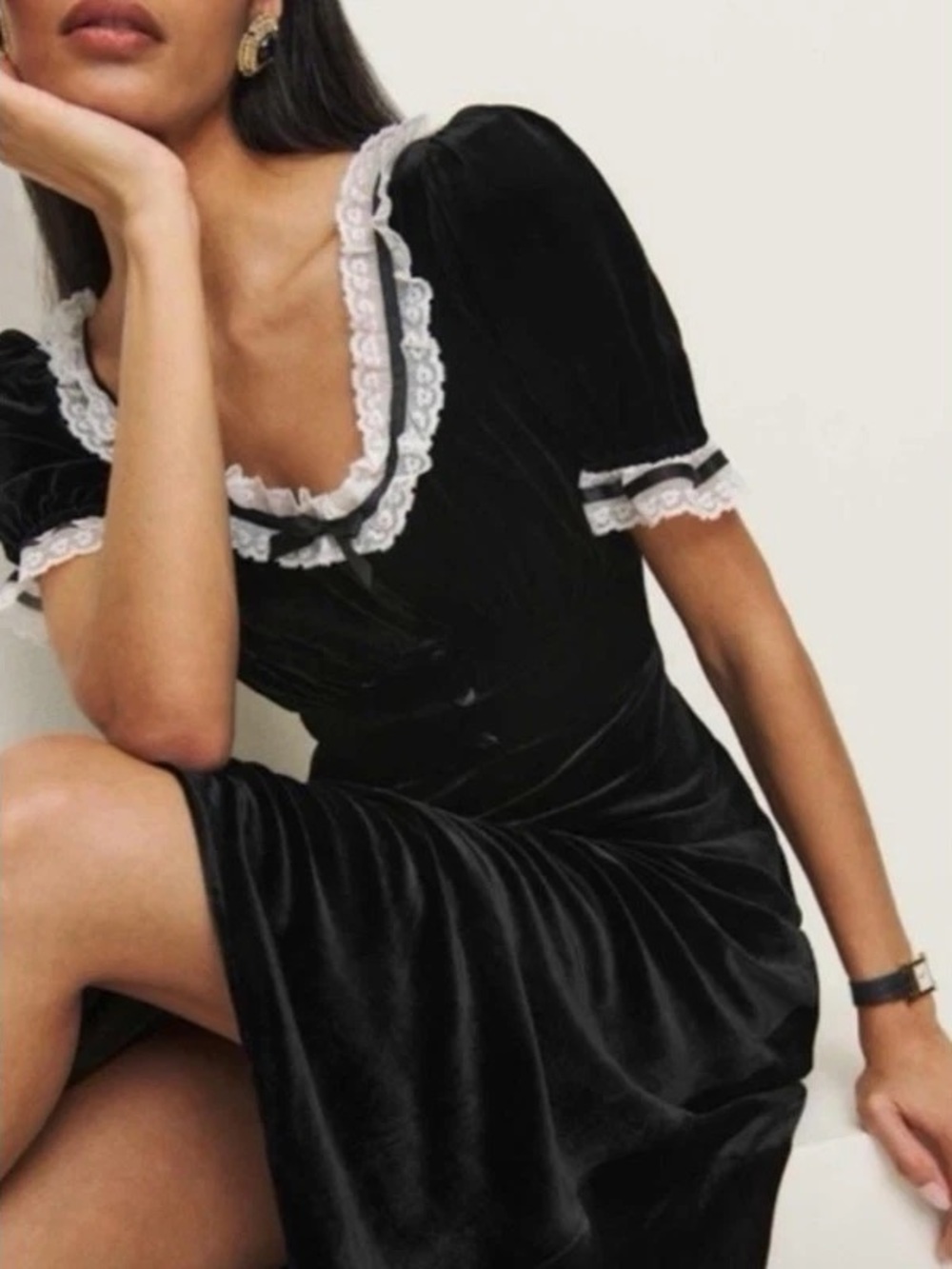 NWT Reformation Adessa Black Velvet Maxi Dress with White Lace Trim - Picture 2 of 7